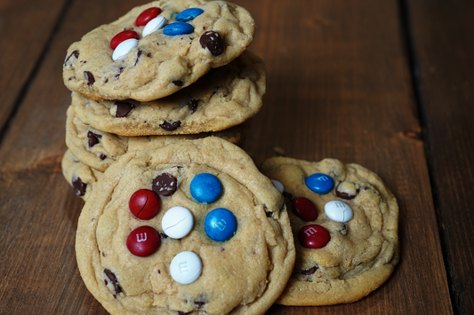 Angie's Chocolate Chip Cookies with Patriotic Red/White/Blue M&M'S on top