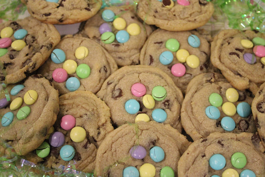 Angie's Chocolate Chip Cookies with Pastel m&m's on top